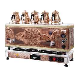 Ateşe Gold Otomatik Gazlı Elektrikli Bakır 5 Demlikli Çay Kazanı, 55 Litre - Ateşe